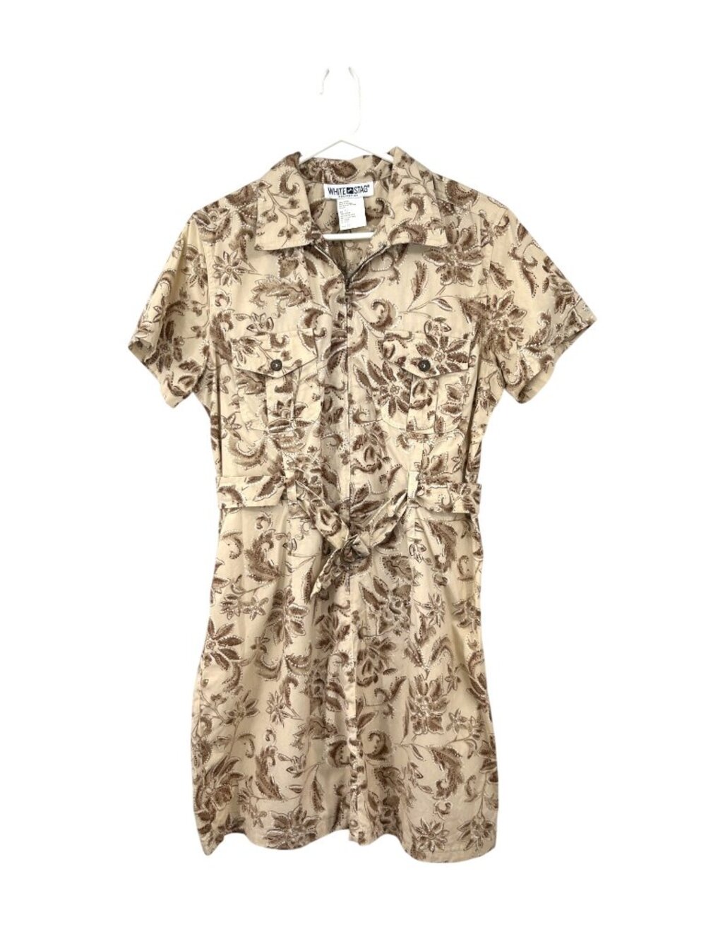 Vintage White Stag Cotton Dress 12 Brown Tan Belted Zip Front Used